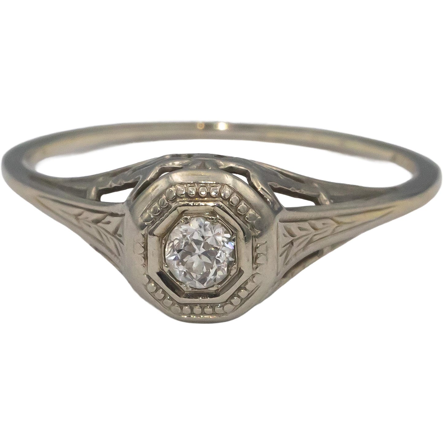 Vintage Antique 18k White Gold Old European Cut Diamond Filigree Ring 0.15CT