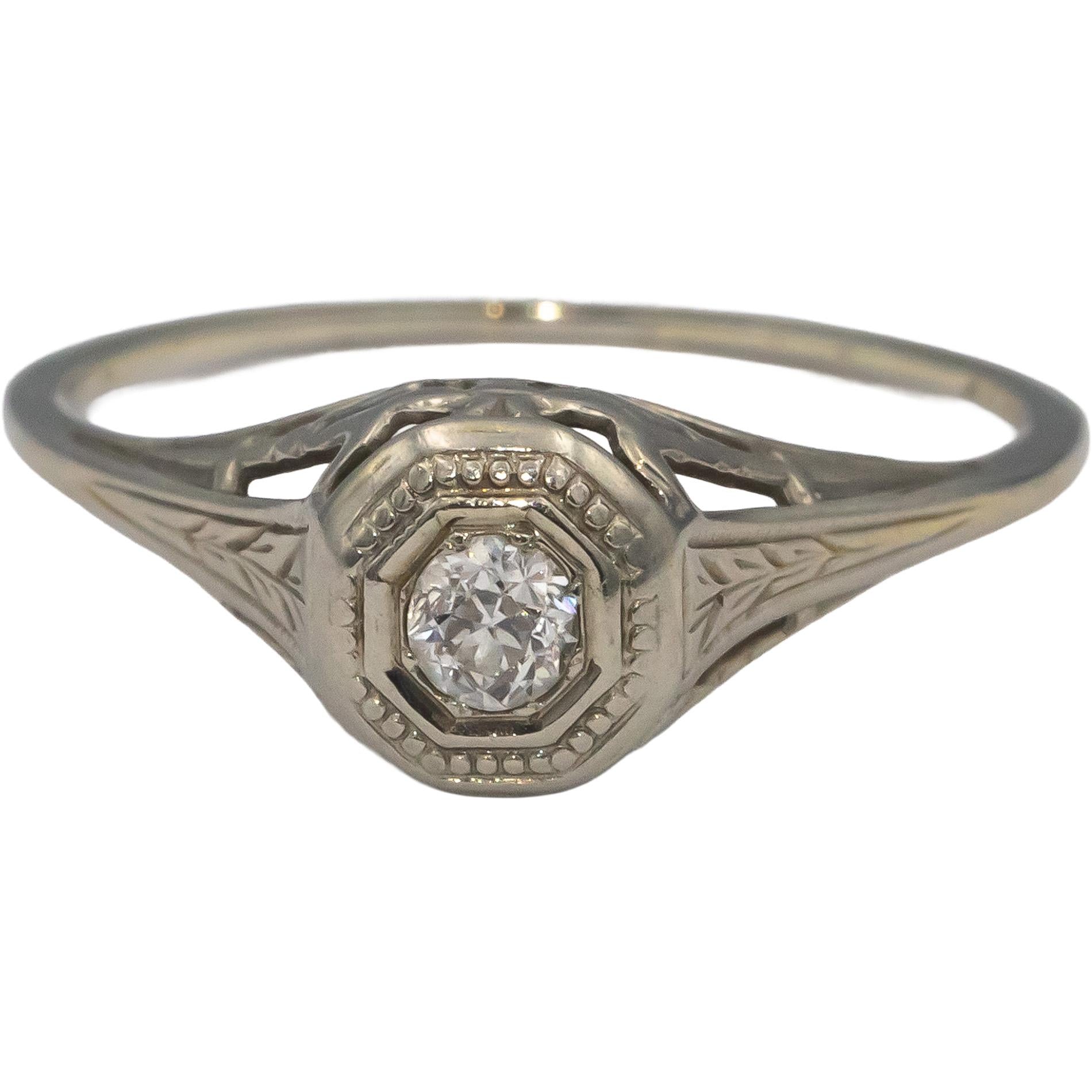 Vintage Antique 18k White Gold Old European Cut Diamond Filigree Ring 0.15CT