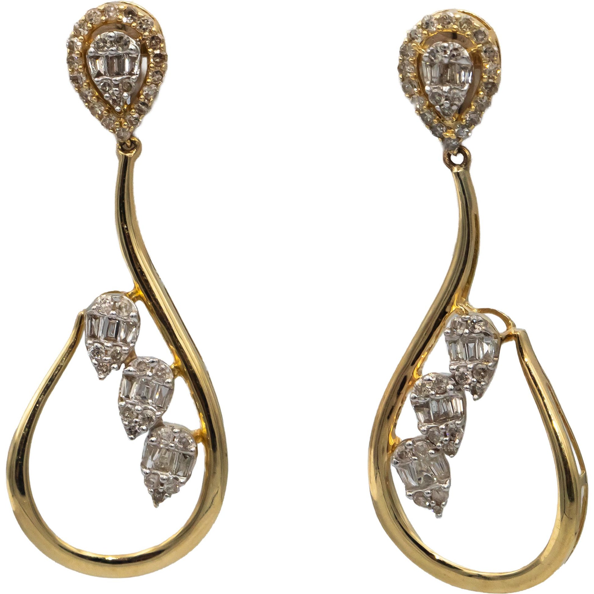 14k Yellow Gold Round & Baguette Cut Diamond Drop Dangle Earrings 1.0CT
