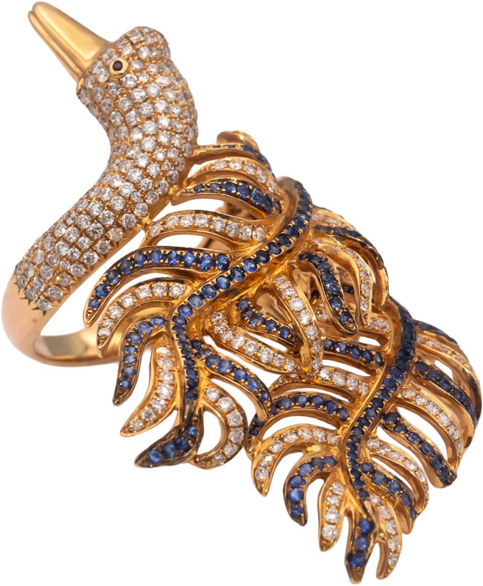 18k Rose Gold Round Diamond & Sapphire Jumbo Peacock Statement Ring 4.50CTW