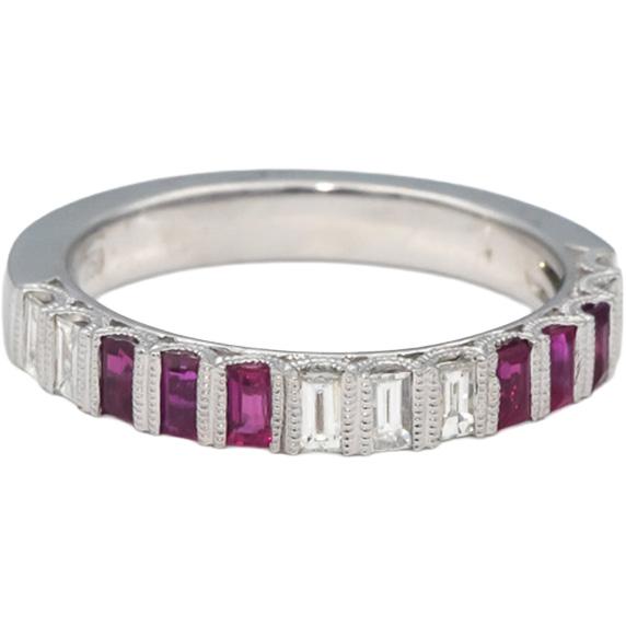 18k White Gold Emerald Cut Ruby and Diamond Band Ring Size 0.75CT Size 6.5