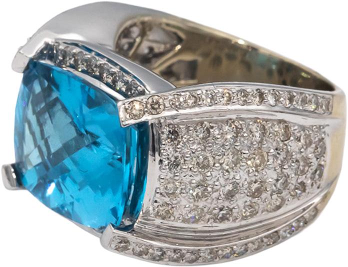 14k White Gold Blue Topaz and Diamond Cocktail Ring 13.50CT Size 7.75
