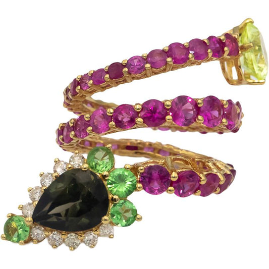 18k Yellow Gold Assorted Gemstone & Diamond Snake Wrap Ring 5.25CT Size 3.5