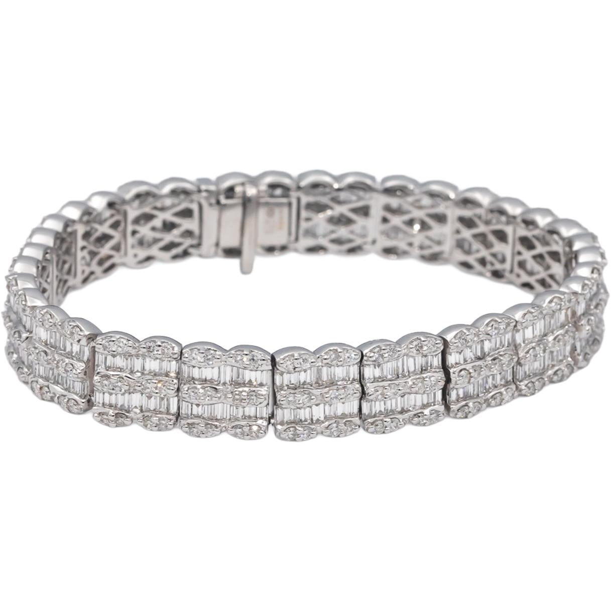 18k White Gold VS Round & Baguette Cut Diamond Fancy Link Bracelet 9.99CTW