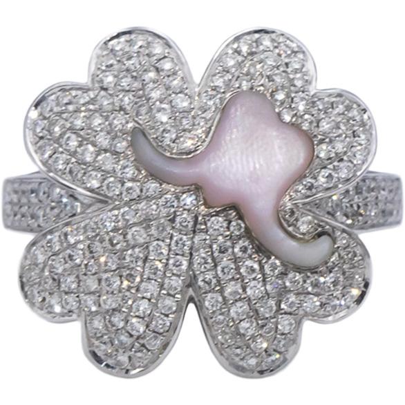 18k White Gold Round Diamond & Mother of Pearl Clover Ring 0.75CT Size 7