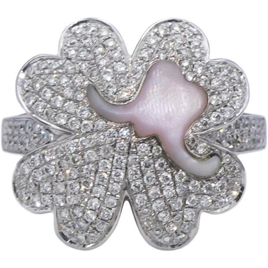 18k White Gold Round Diamond & Mother of Pearl Clover Ring 0.75CT Size 7