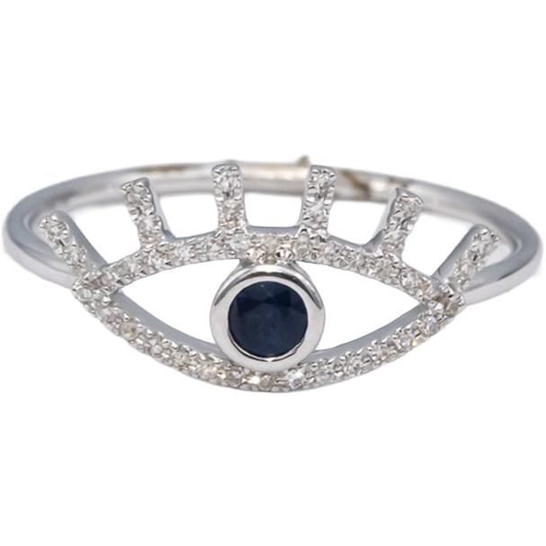 18k White Gold Round Diamond & Blue Sapphire Evil Eye Band Ring 0.27CT Size 6.75