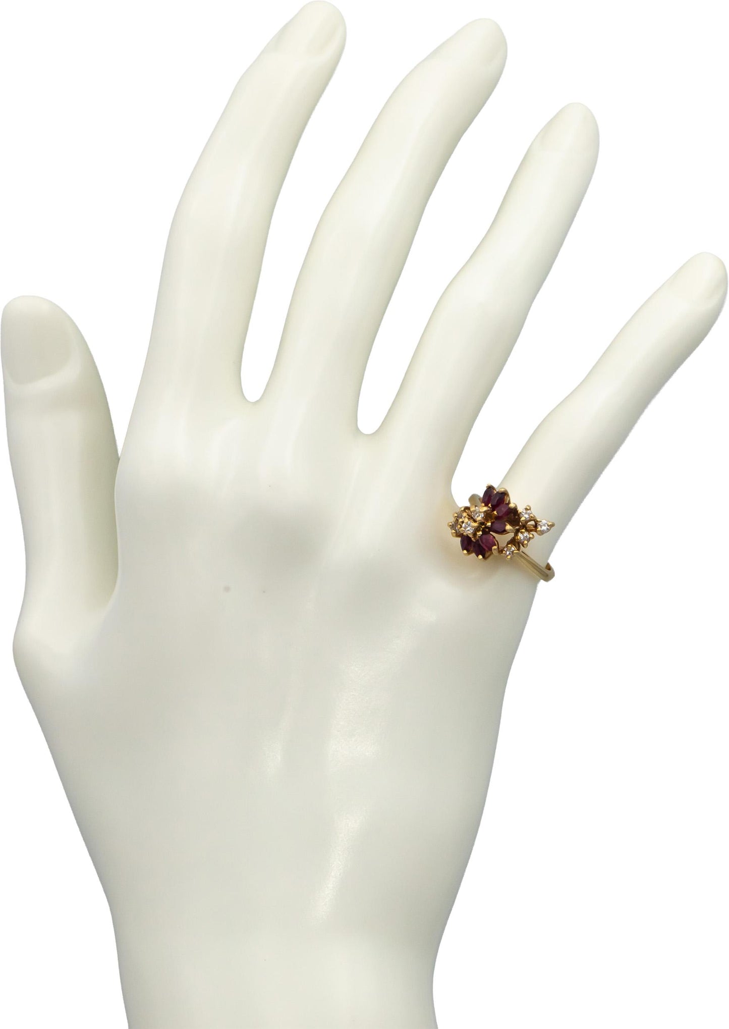 18k Yellow Gold Marquise Ruby Round Diamond Cluster Cocktail Ring 0.55CTW