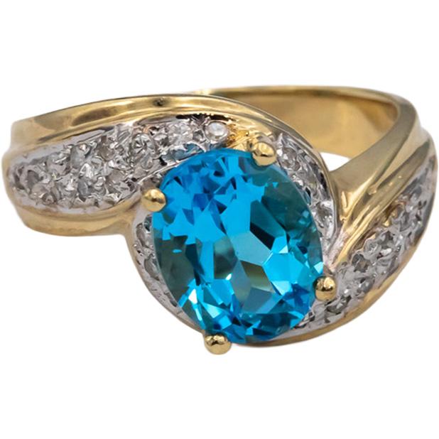 10k Yellow and White Gold Oval Blue Topaz & Round Diamond Ring 1.65CT Size 5.75