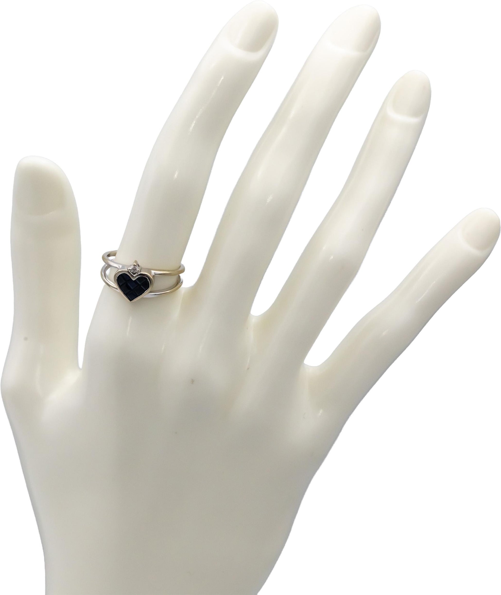 14k White Gold Square Cut Sapphire Round Diamond Heart Ring 0.52CT Size 6