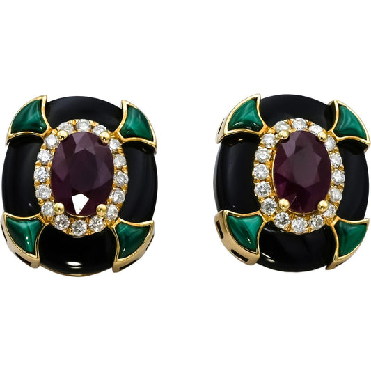 18k Yellow Gold Diamond Ruby Onyx Malachite Stud Earrings 1.42CTW
