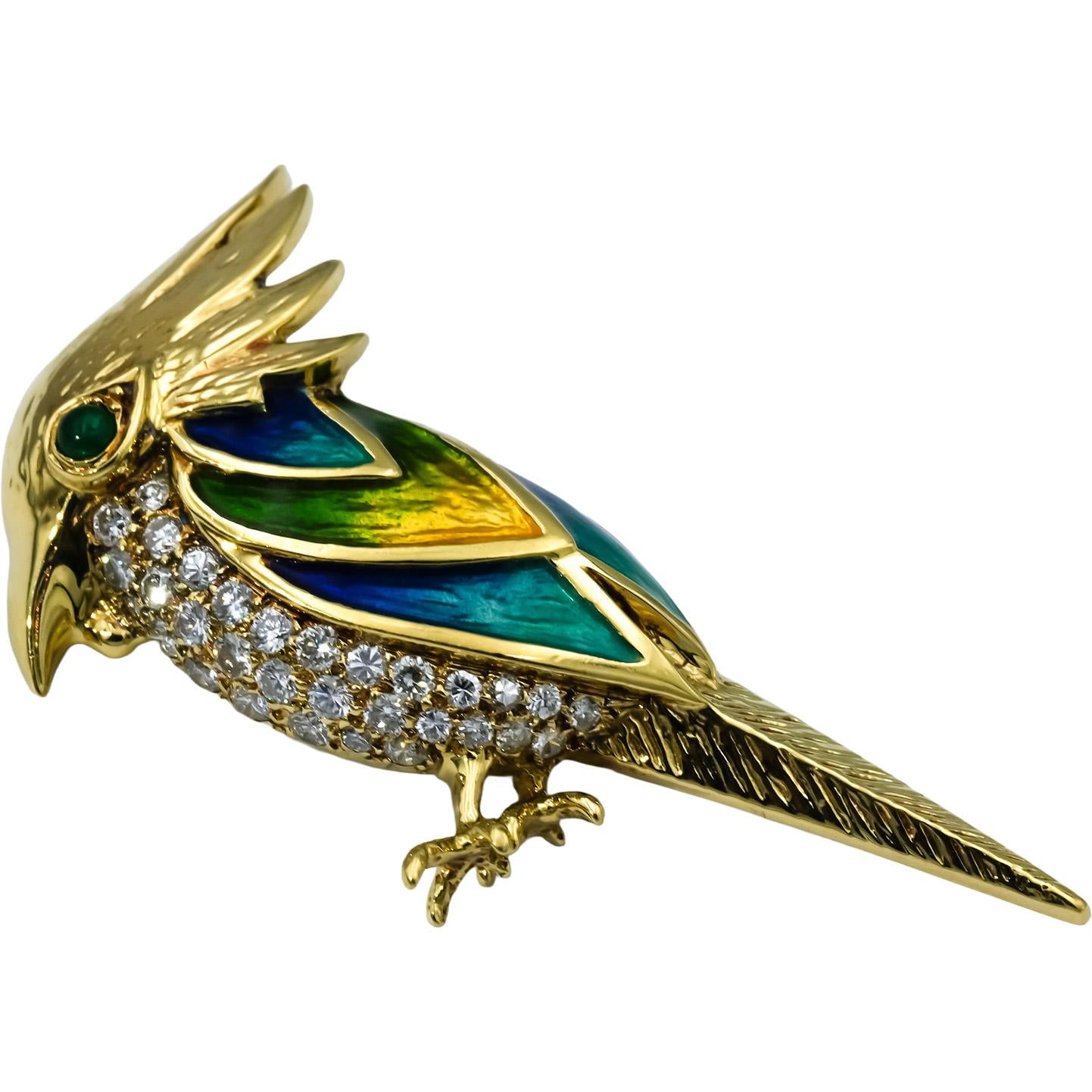 18k Yellow Gold VS Diamond and Colorful Enamel Bird Brooch 0.83CT