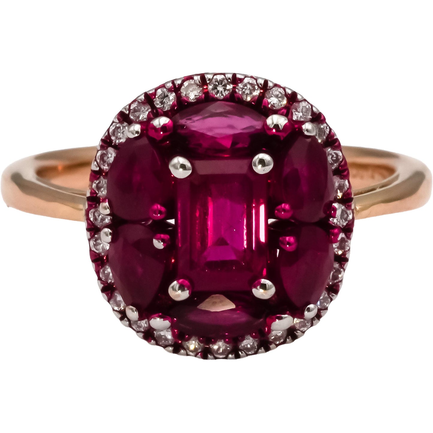 18k Rose Gold Ruby and Diamond Cluster Cocktail Ring 2.04CT Size 5.5