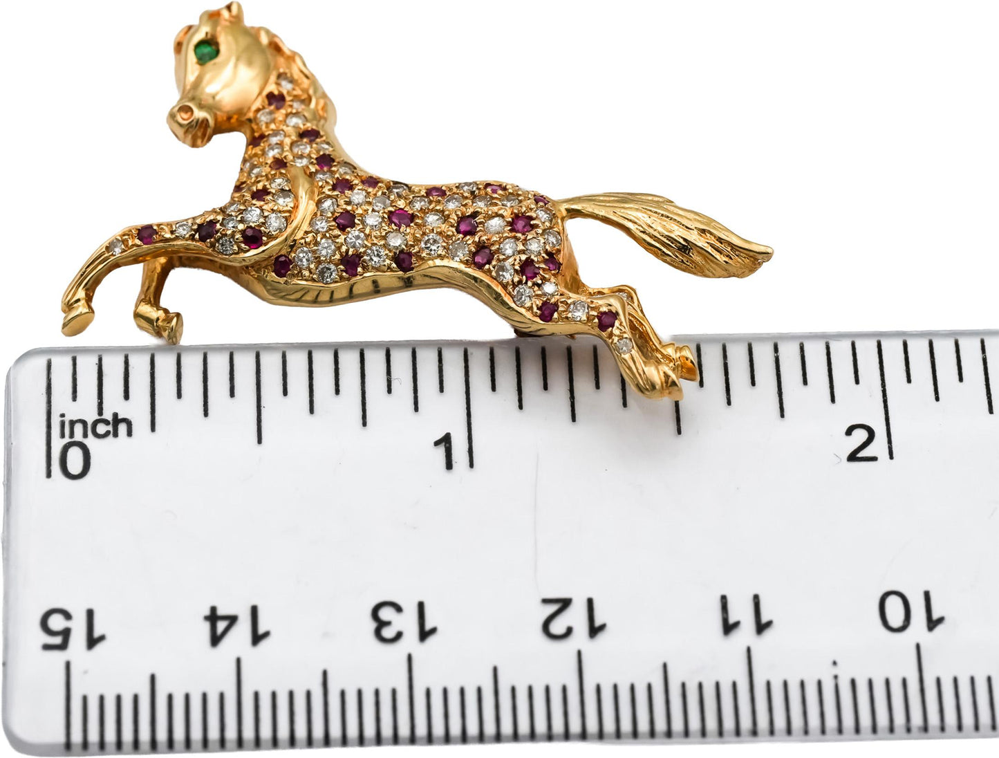 18k Rose Gold Ruby and Diamond Galloping Horse Brooch Pin 0.75CTW