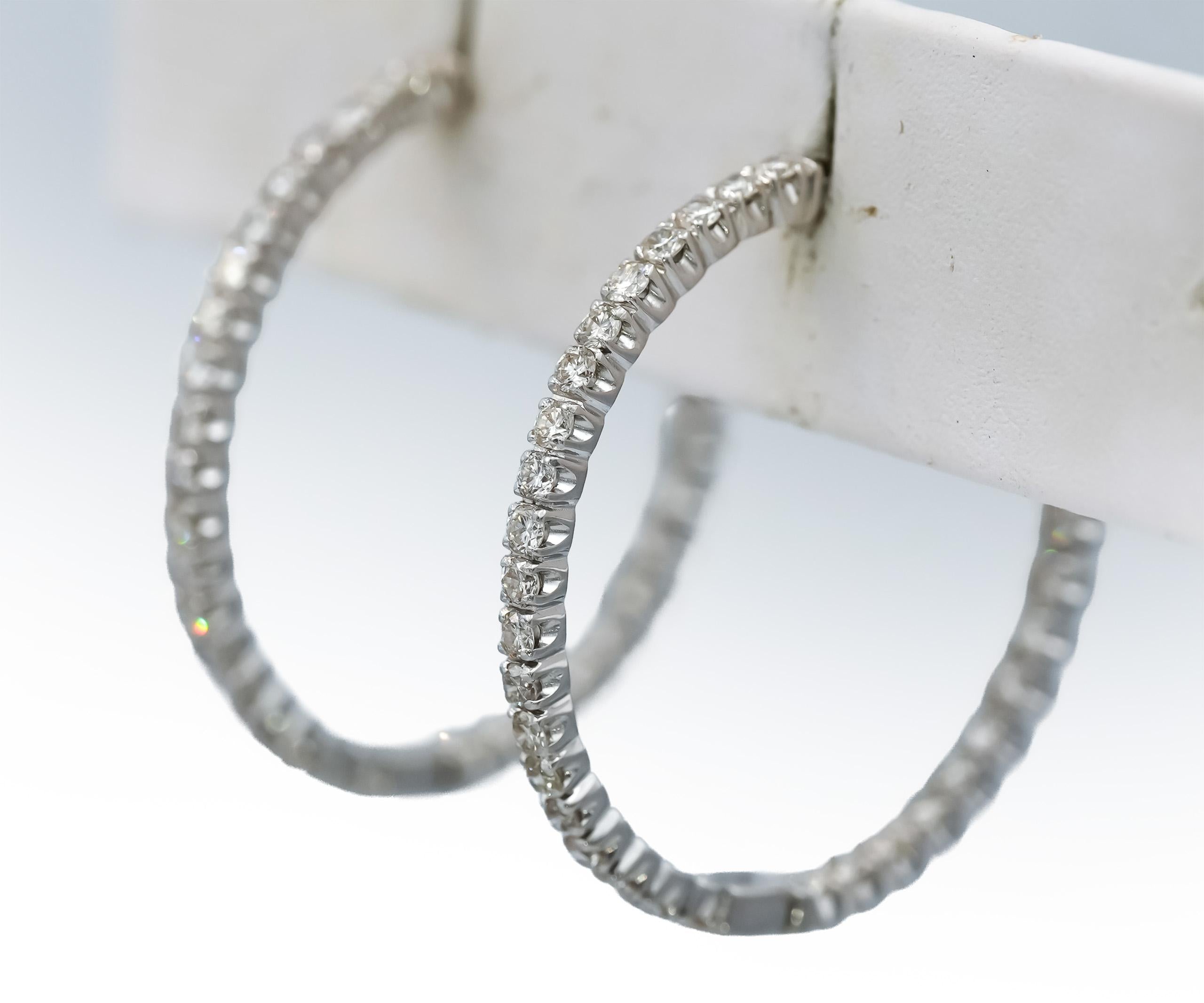 18k White Gold VS Round Diamond Inside Out Hoop Earrings 2.0CT