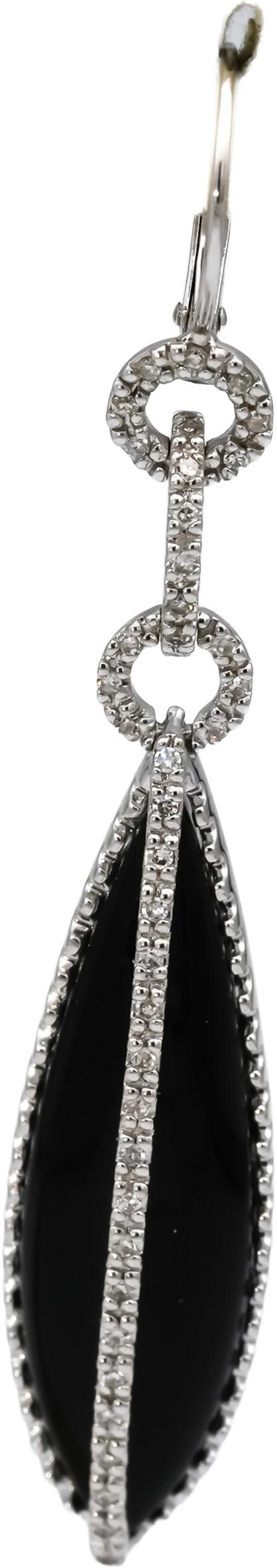 14k White Gold Round Diamond and Cabochon Onyx Drop Dangle Earrings 0.20CT