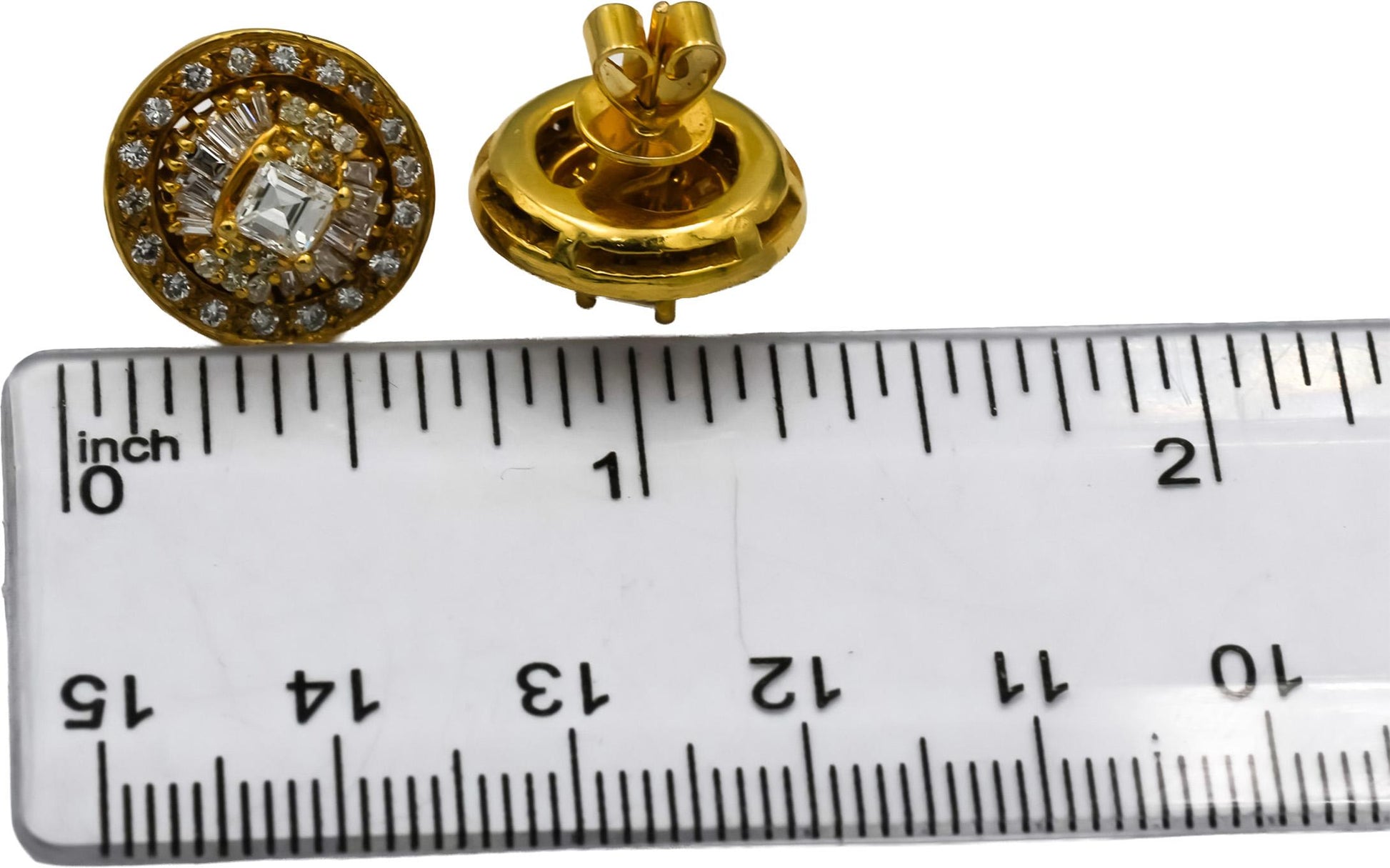 14k Yellow Gold VS Asscher Baguette Round Diamond Stud Earrings w/ Jackets 2.0CT