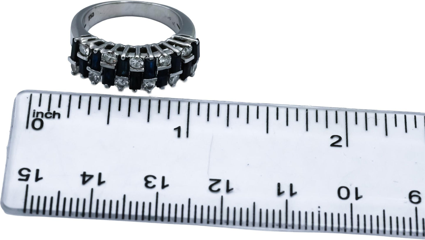 18k White Gold Round Diamond and Baguette Cut Sapphire Ring 1.50CT Size 5.5