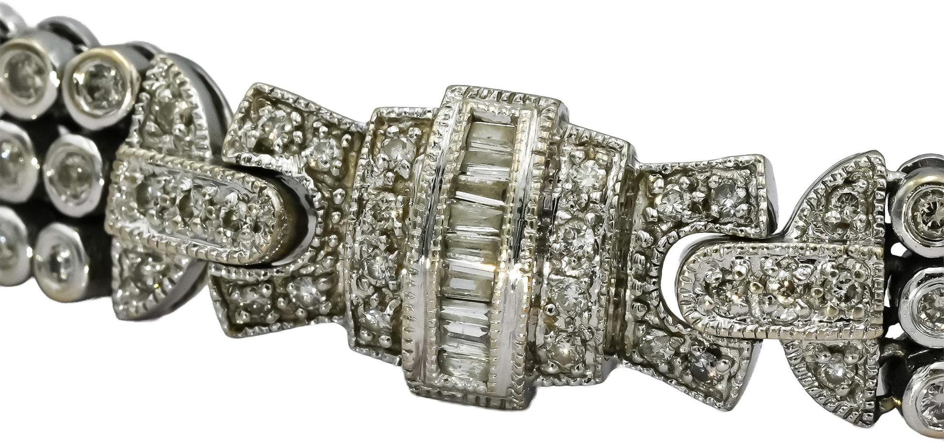 14k White Gold Round and Baguette Cut Diamond Fancy Link Bracelet 3.35CT