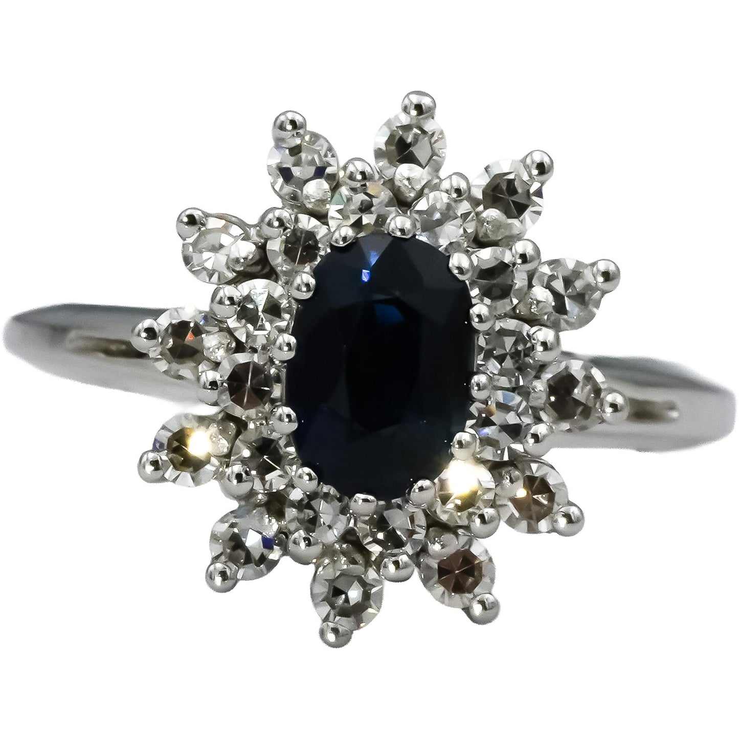 14k White Gold Round Diamond and Oval Sapphire Cocktail Ring 1.10CT Size 7