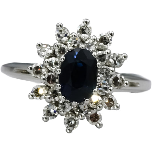 14k White Gold Round Diamond and Oval Sapphire Cocktail Ring 1.10CT Size 7