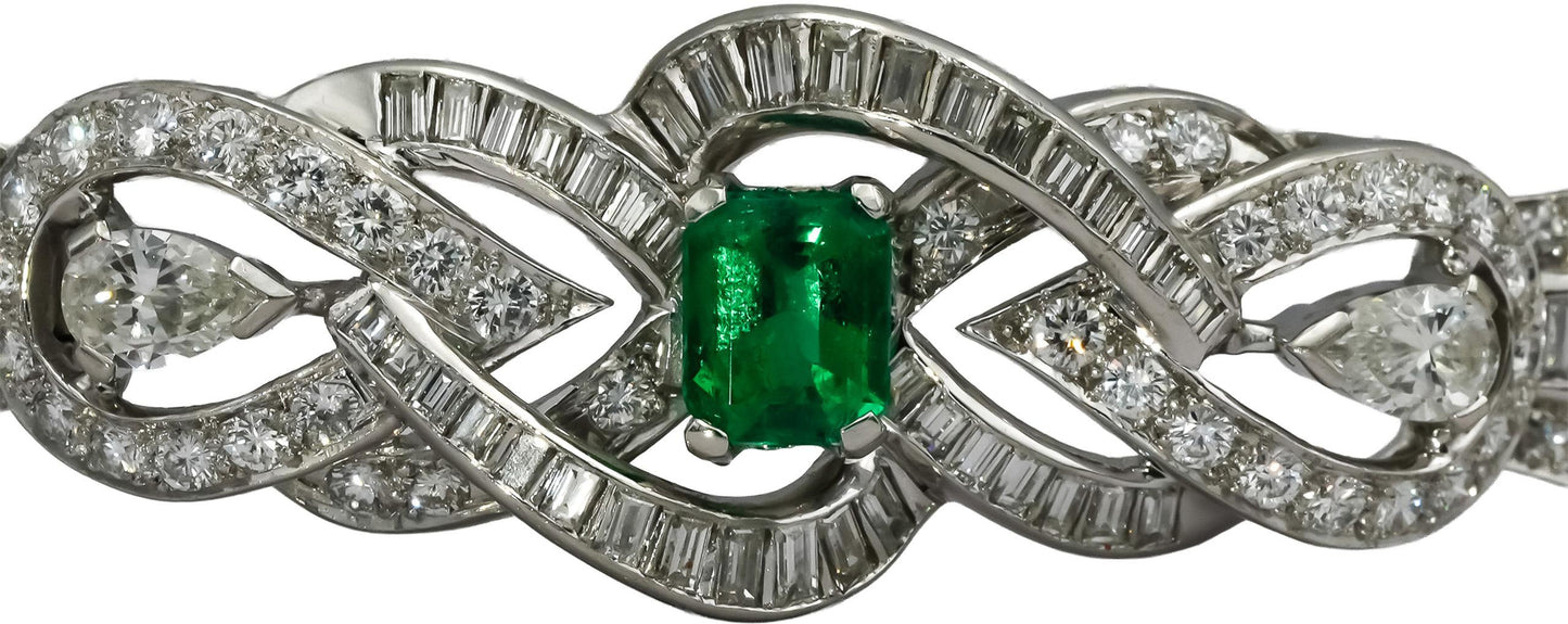 Vintage Antique Deco Platinum VS Diamond and Emerald Bracelet 6.50-7.0CT