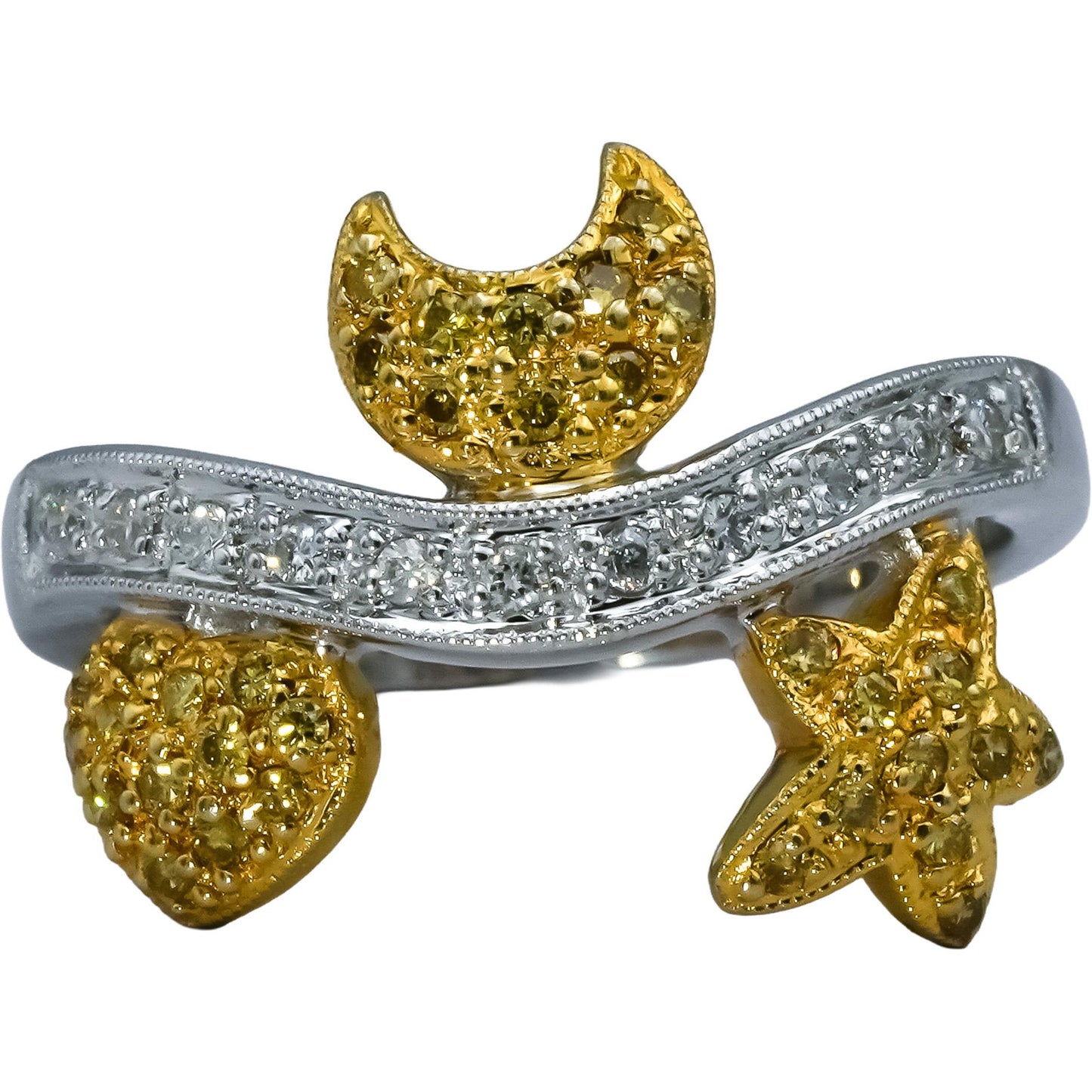 18k White and Yellow Gold Round Diamond Heart Moon Star Ring 0.30CT Size 6.5