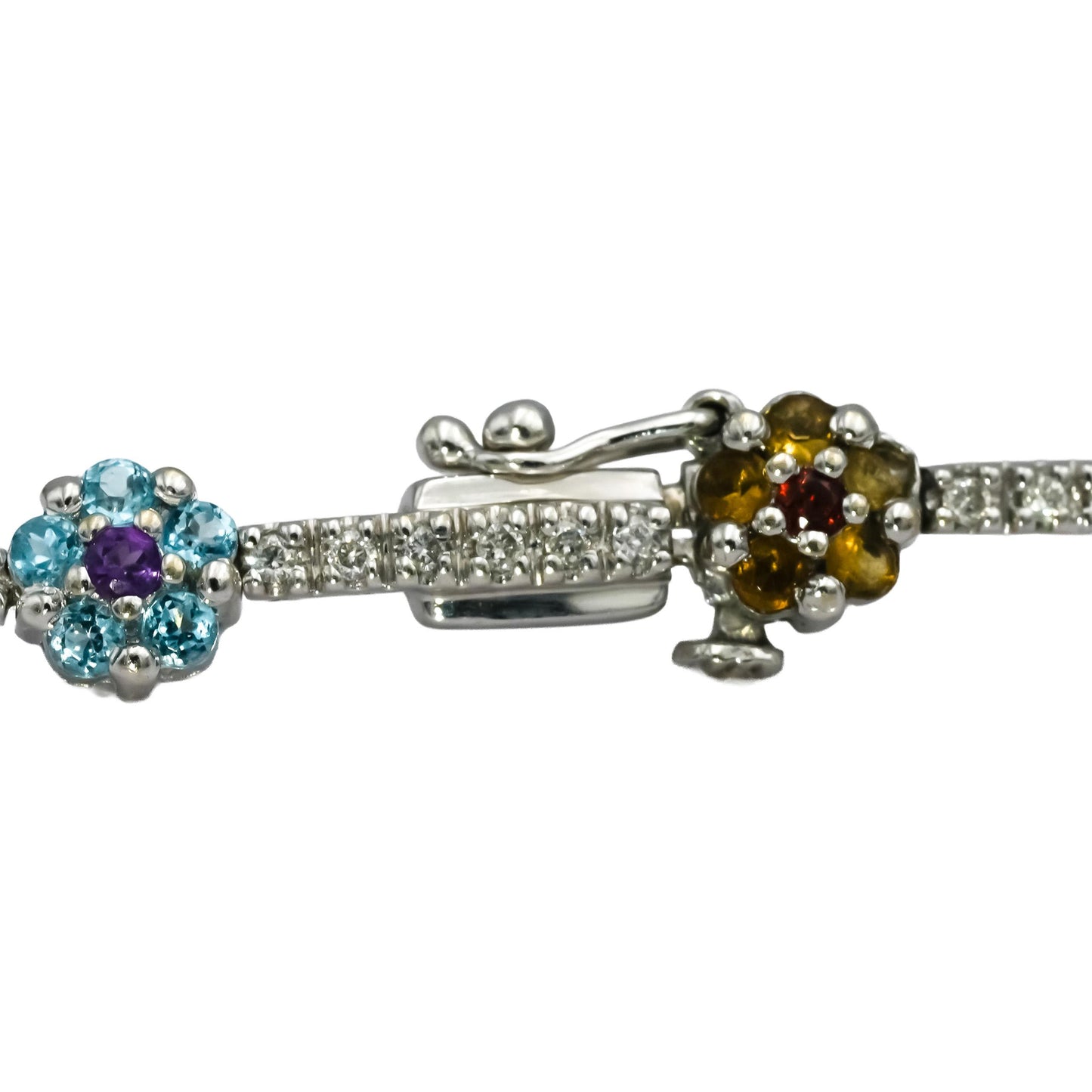 14k White Gold Round Diamond and Multi Color Gemstone Flower Bracelet 0.50CT