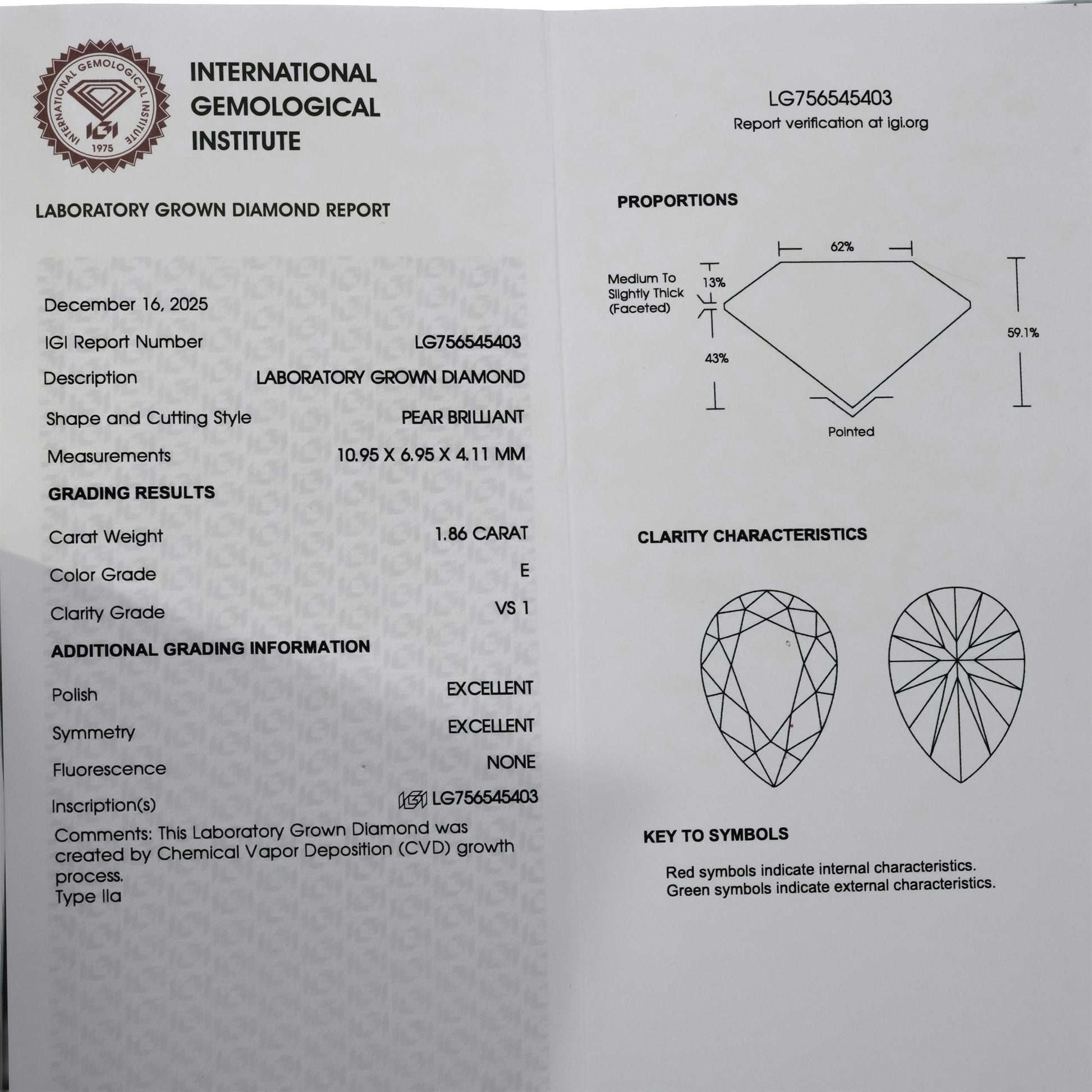IGI 14k White Gold VS1/E Pear Cut Lab-Grown Diamond Stud Earrings 3.73CT