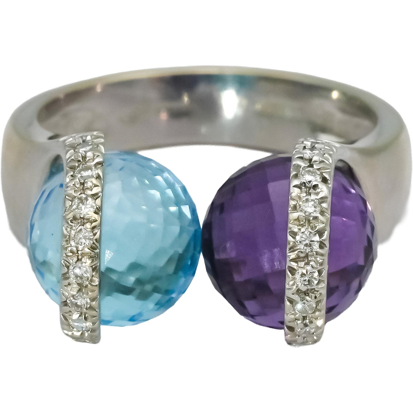 BIBIGI 18k White Gold Diamond Amethyst Blue Topaz Bypass Ring 0.25CT Size 6.25