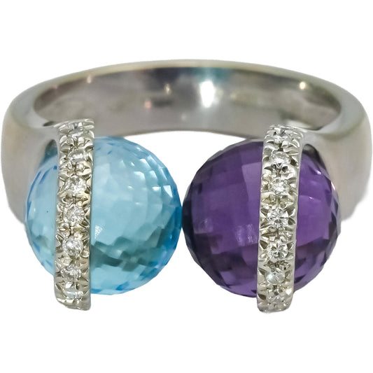BIBIGI 18k White Gold Diamond Amethyst Blue Topaz Bypass Ring 0.25CT Size 6.25