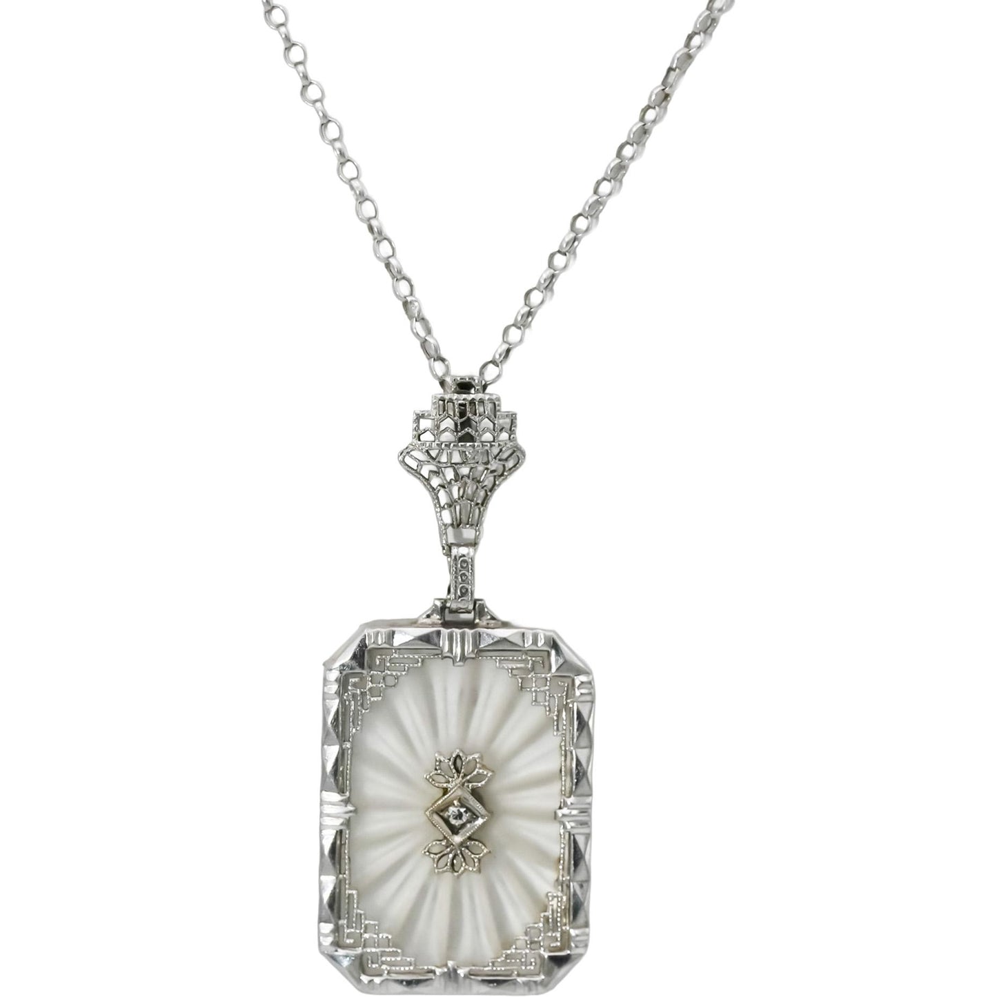 Vintage Antique 14k White Gold Rock Quartz Pendant Necklace w/ Diamond Accent