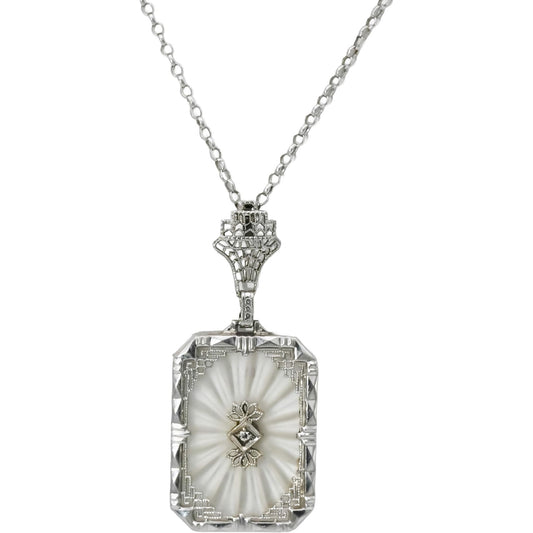 Vintage Antique 14k White Gold Rock Quartz Pendant Necklace w/ Diamond Accent