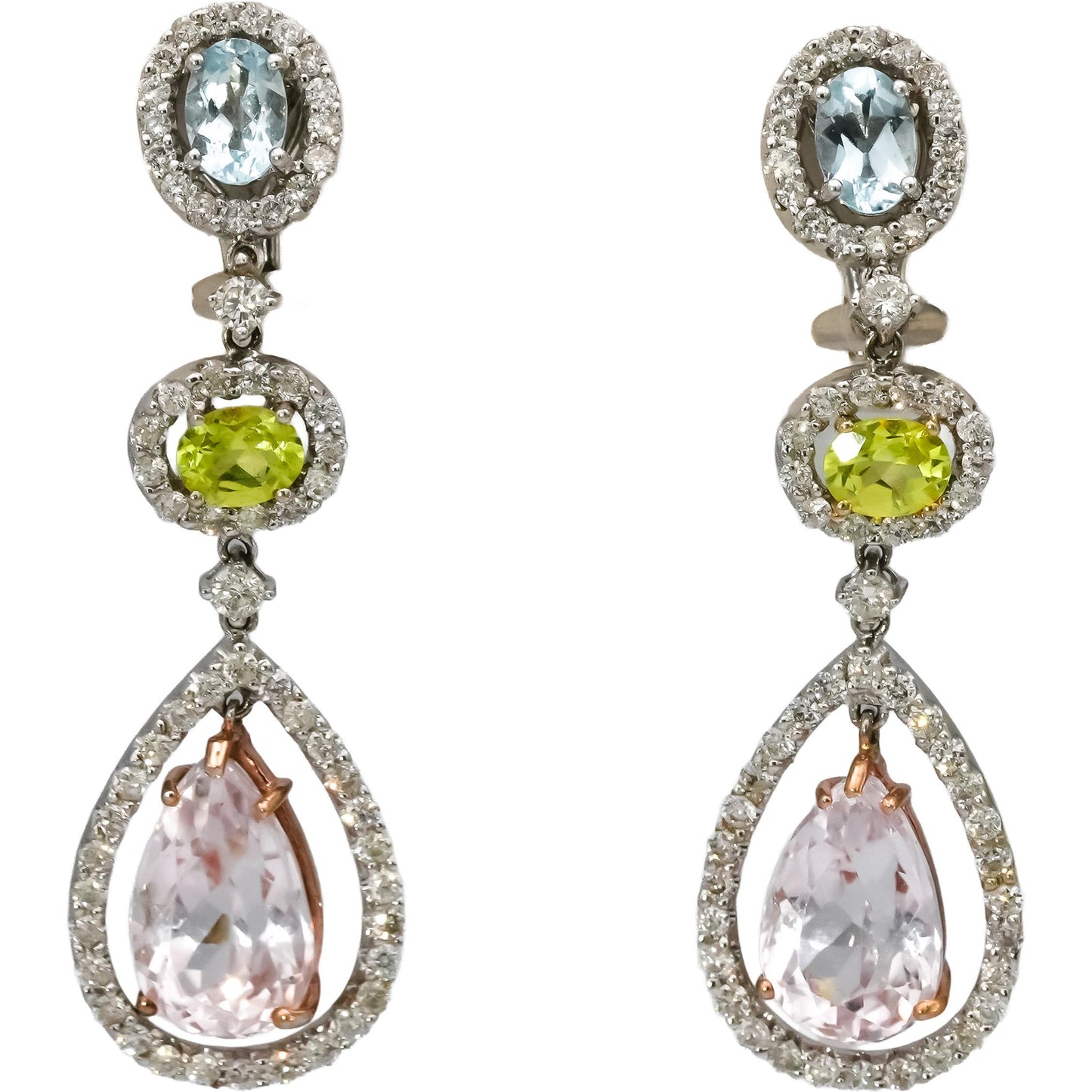18k White Gold Diamond Aquamarine Yellow Topaz Dangle Earrings 1.50CT