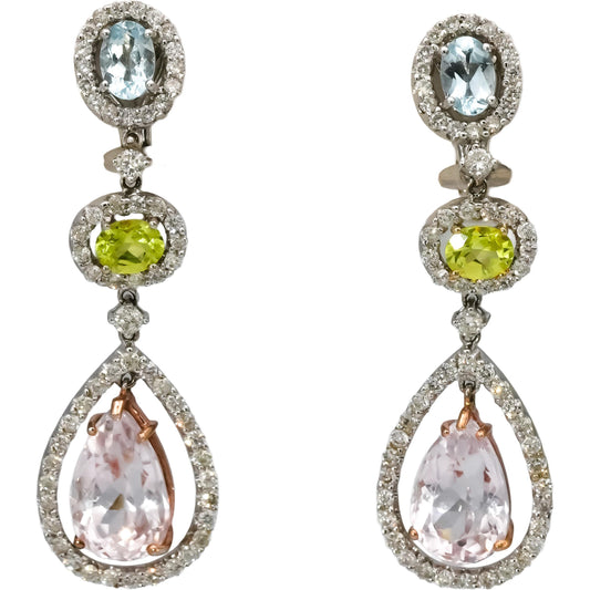 18k White Gold Diamond Aquamarine Yellow Topaz Dangle Earrings 1.50CT