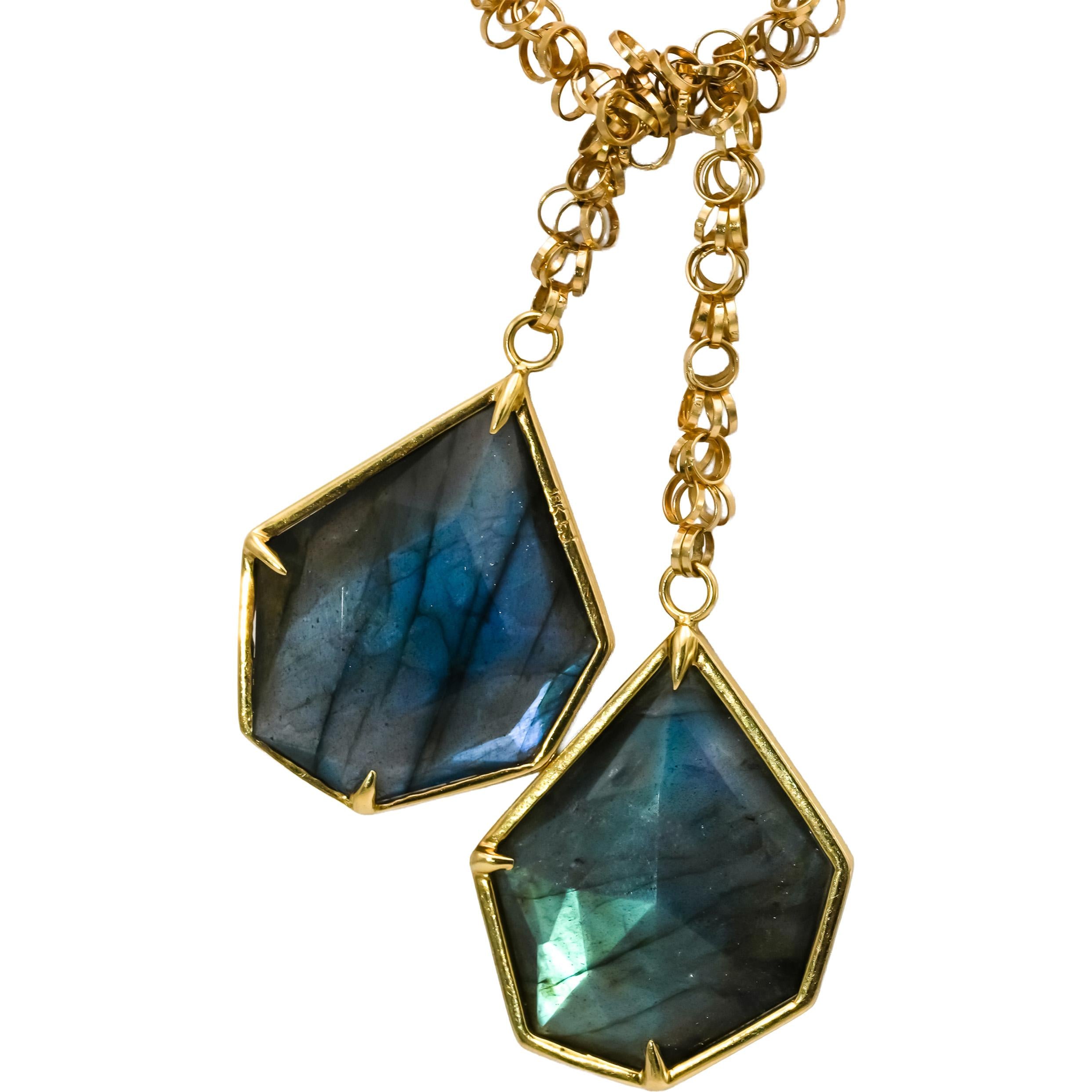 18k Yellow Gold Fancy Cut Labradorite Tassel Necklace 30.0CT