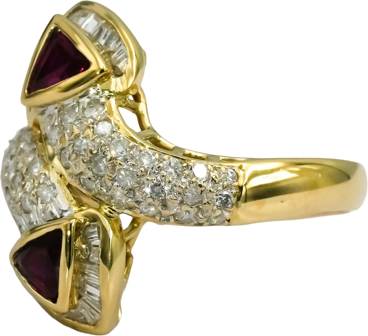 18k Yellow Gold Diamond and Ruby Cluster Bypass Ring 1.60CT Size 6.75