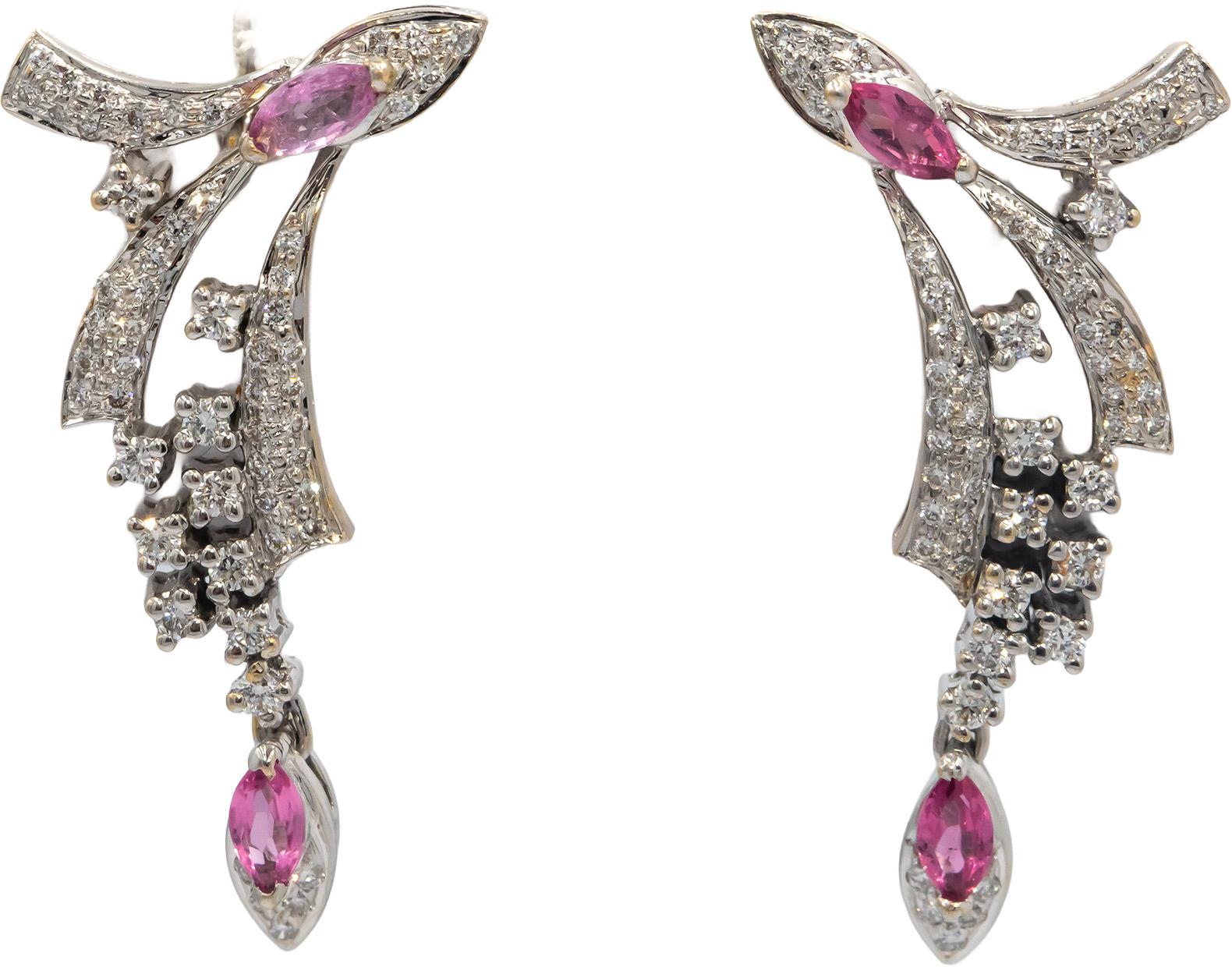 Diamond Pink Sapphire 14K White Gold Earrings and Pendant Necklace Set 2.25CT