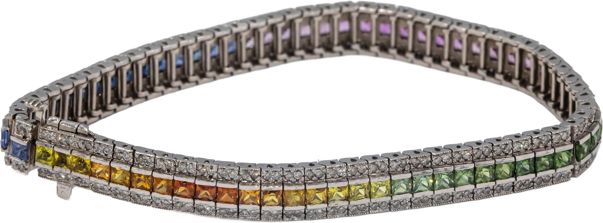 14k White Gold Diamond and Rainbow Sapphire Fancy Tennis Bracelet 8.50CT