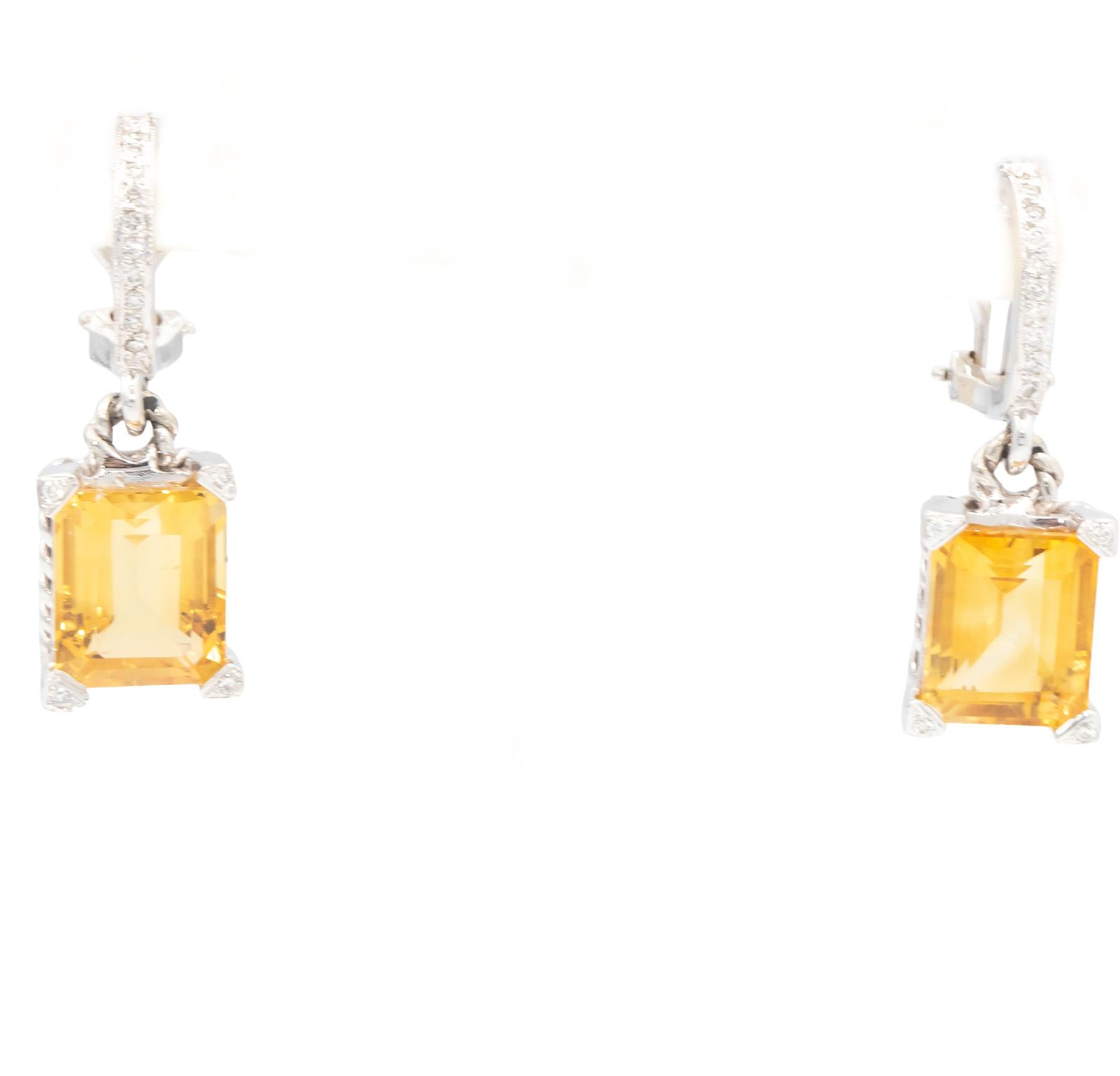 14k White Gold Round Diamond & Emerald Cut Citrine Drop Dangle Earrings 13.25CT