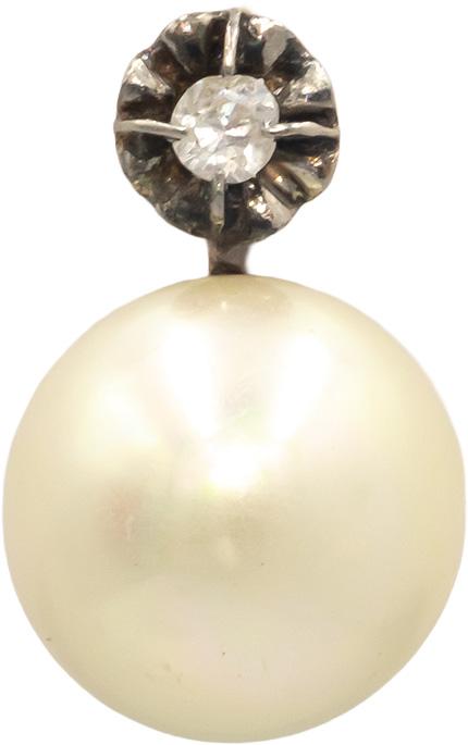 Antique 18K Gold Sterling Silver 0.10CT Diamond and 10mm Pearl Stud Earrings