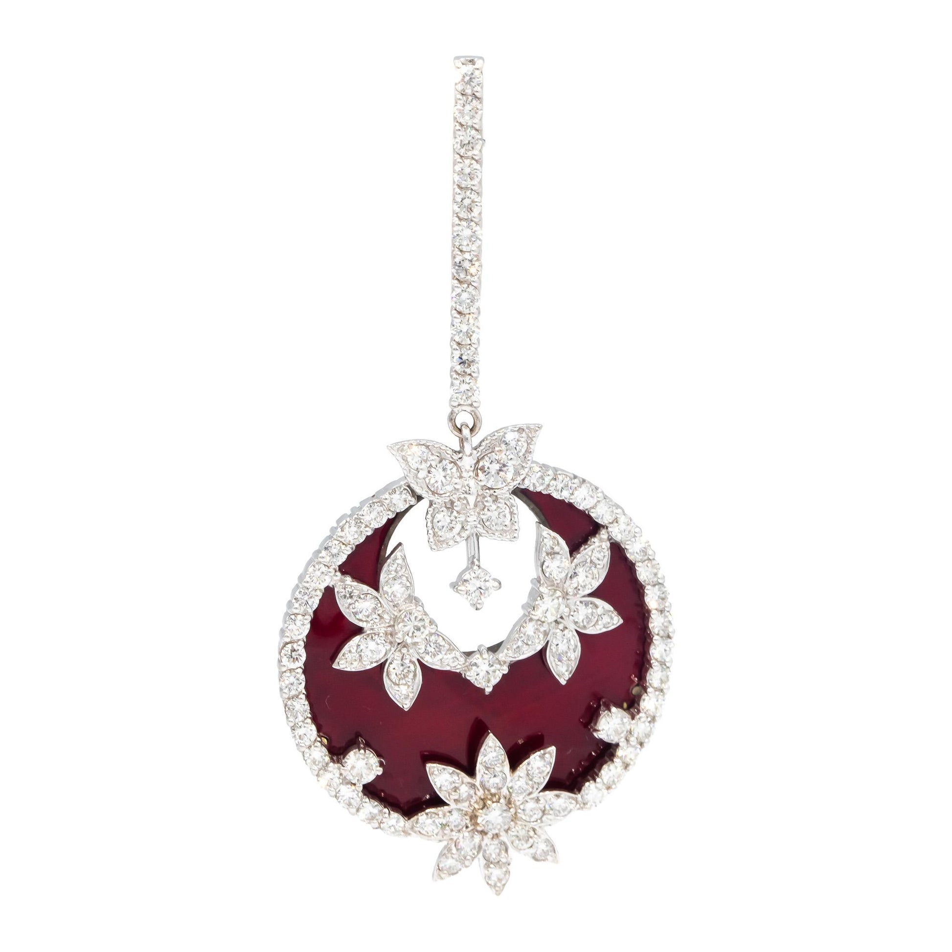 STAMBOLIAN 18k White Gold VS Diamond Red Enamel Floral Drop Earrings 8.10CT