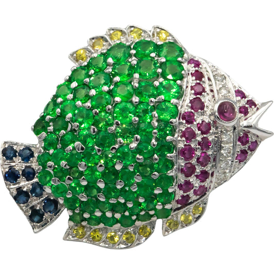 18k White Gold 5.10CT Diamond Ruby Sapphire & Green Garnet Tropical Fish Brooch