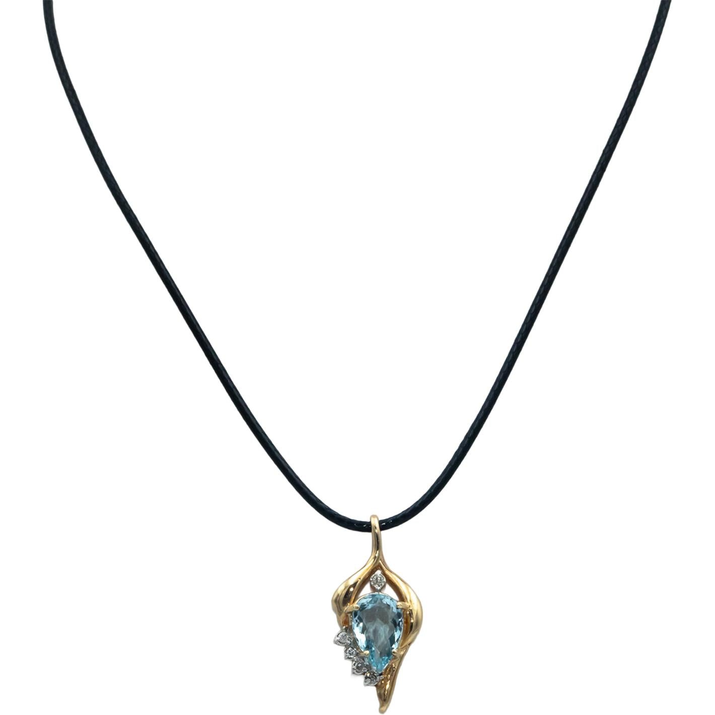 14k Yellow Gold 2.05CT Diamond and Aquamarine Pendant On Cord Necklace