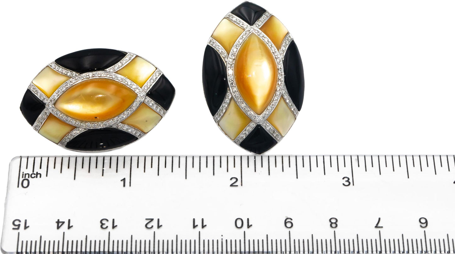 18k White Gold Diamond Mother of Pearl and Black Onyx Earrings 0.75CT