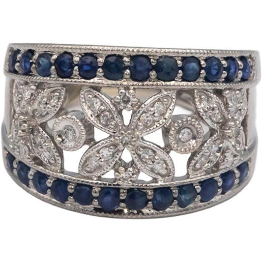 14k White Gold 0.66CT Diamond and Sapphire Floral Band Ring Size 5.25