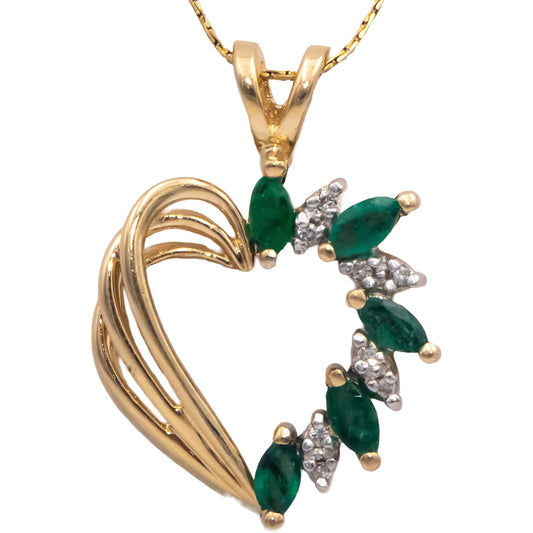 14k Yellow Gold 0.55CT Diamond and Emerald Heart Pendant Necklace