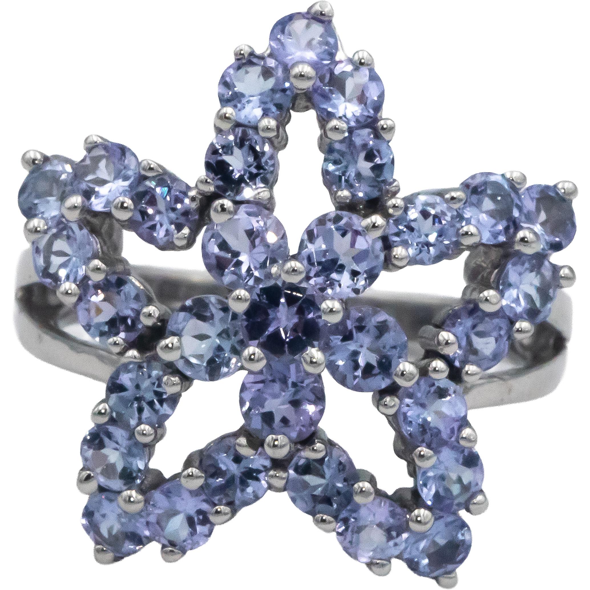 10k White Gold Round Tanzanite Star Floral Cocktail Ring 1.50CT Size 7