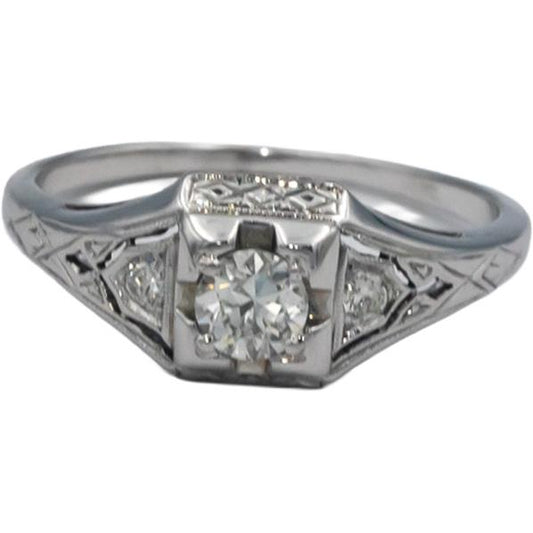 Vintage Antique 18k White gold 0.58CT Diamond Filigree Ring w/ 0.28CT Center
