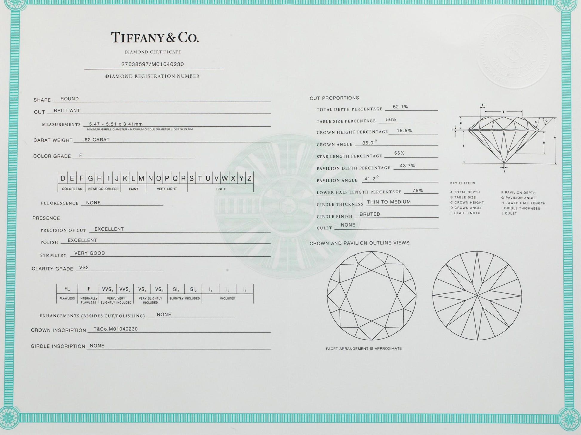 $8800 TIFFANY & CO. Platinum .63CT Round Diamond Engagement Ring w/ Box Papers